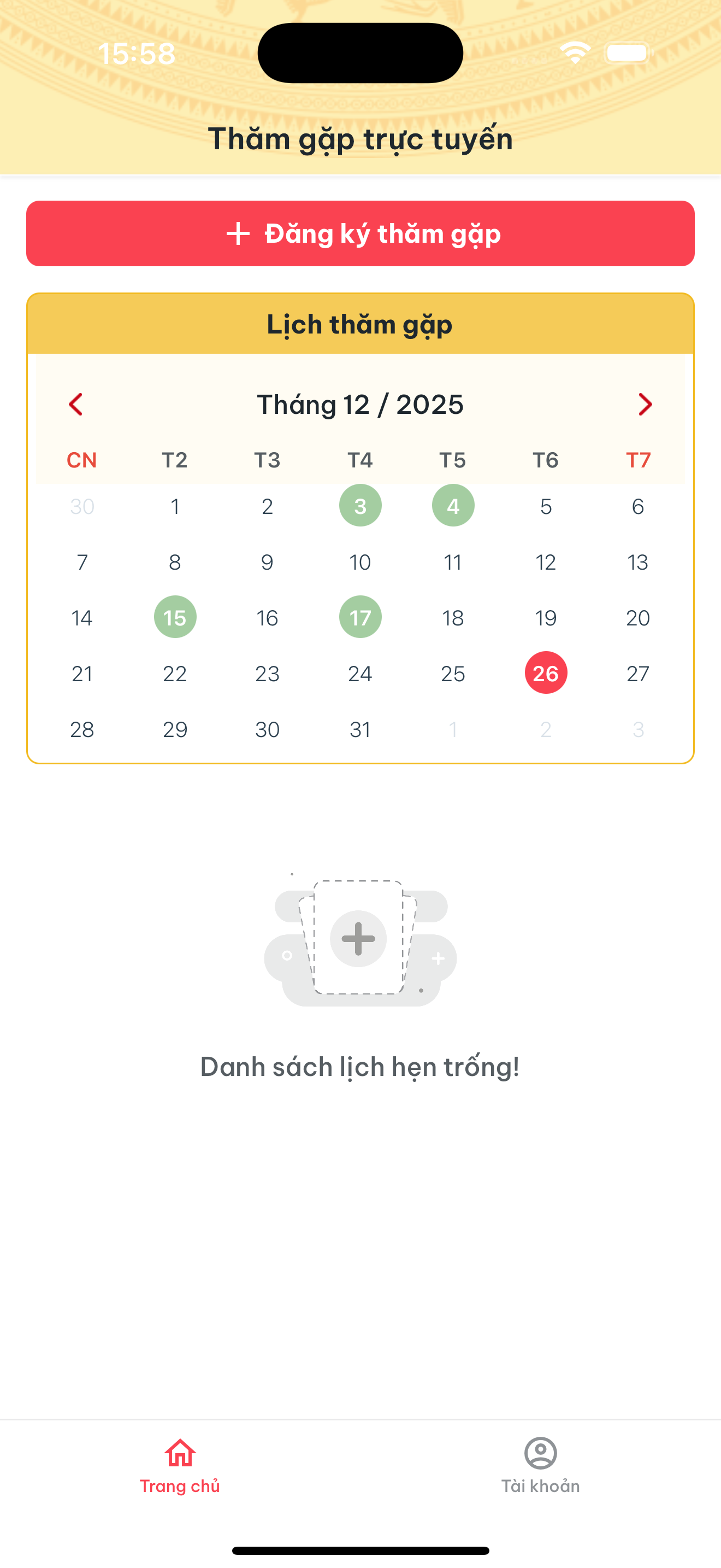 Màn hình Thăm gặp trực tuyến - Đăng ký thăm gặp