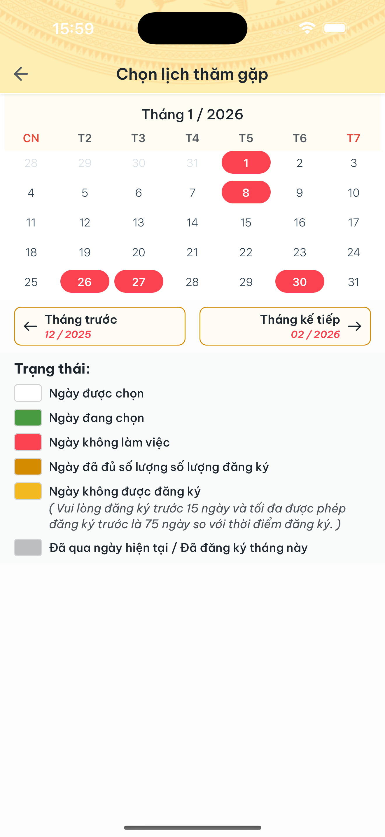 Màn hình Chọn lịch thăm gặp