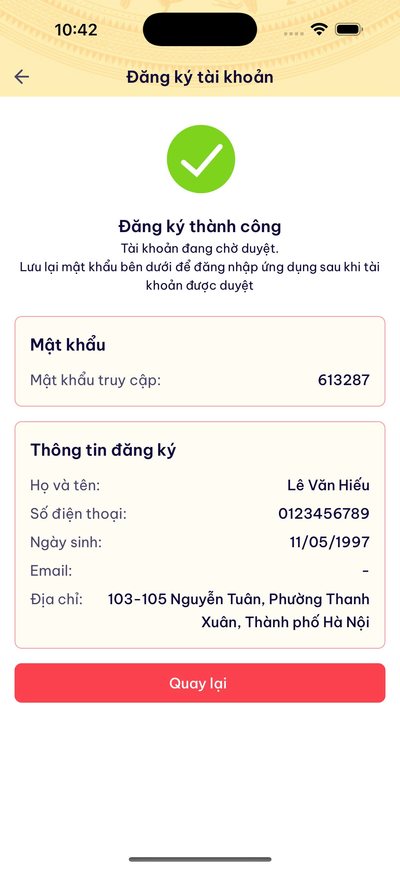 Đăng ký thành công - hiện mật khẩu & SĐT